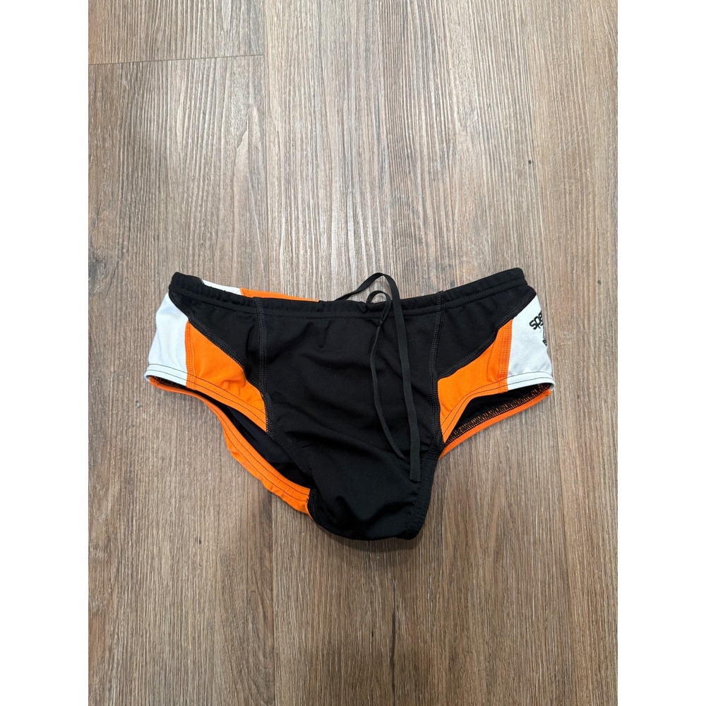 Speedo Endurance+‎ Mens Swim Briefs Size 28 Black Orange YMCA Barracudas Team